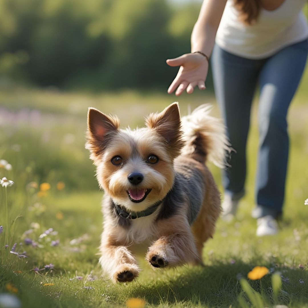 Dog ignoring owner in the park while being called