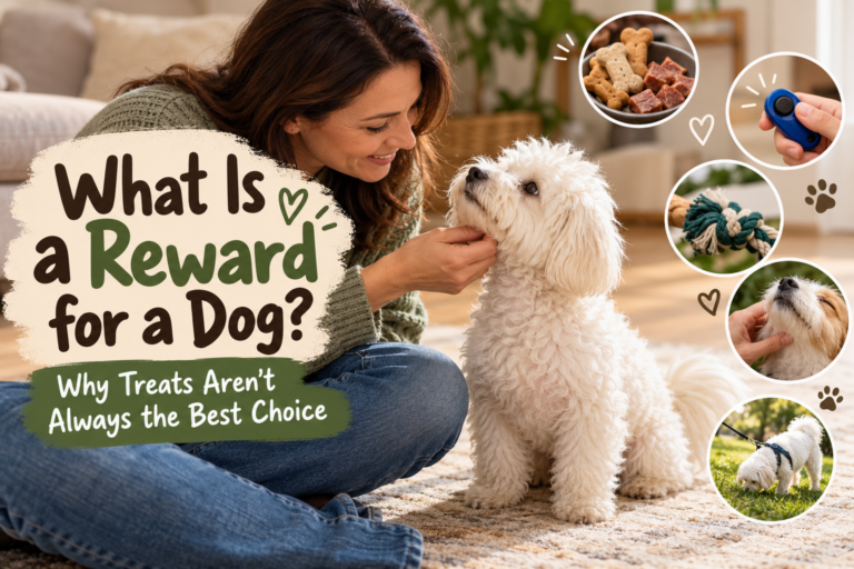 Woman gently petting a small white dog during reward based training, with examples of treats, toys, a clicker, and play.