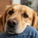 dog showing love by resting head on owner and making eye contact