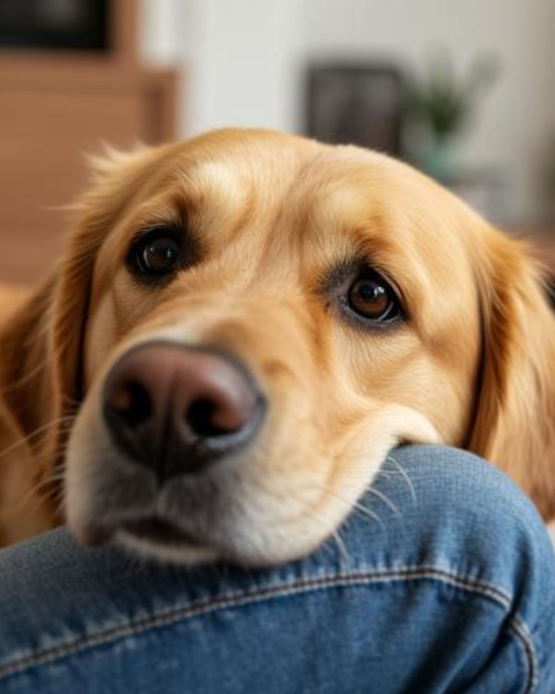 dog showing love by resting head on owner and making eye contact