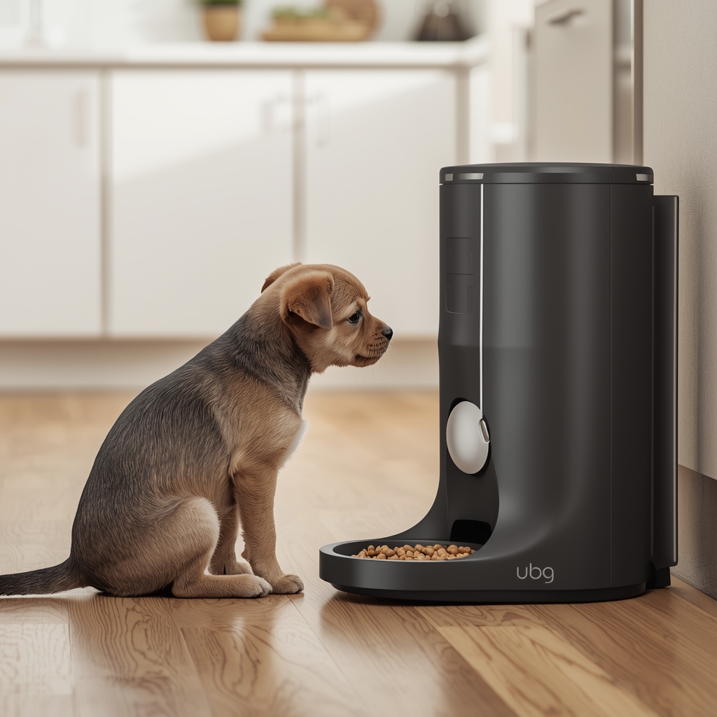 automatic dog feeder dispensing dry food for a small dog