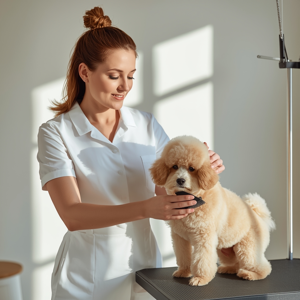 woman grooming small dogs brushing coat at home dog grooming routine