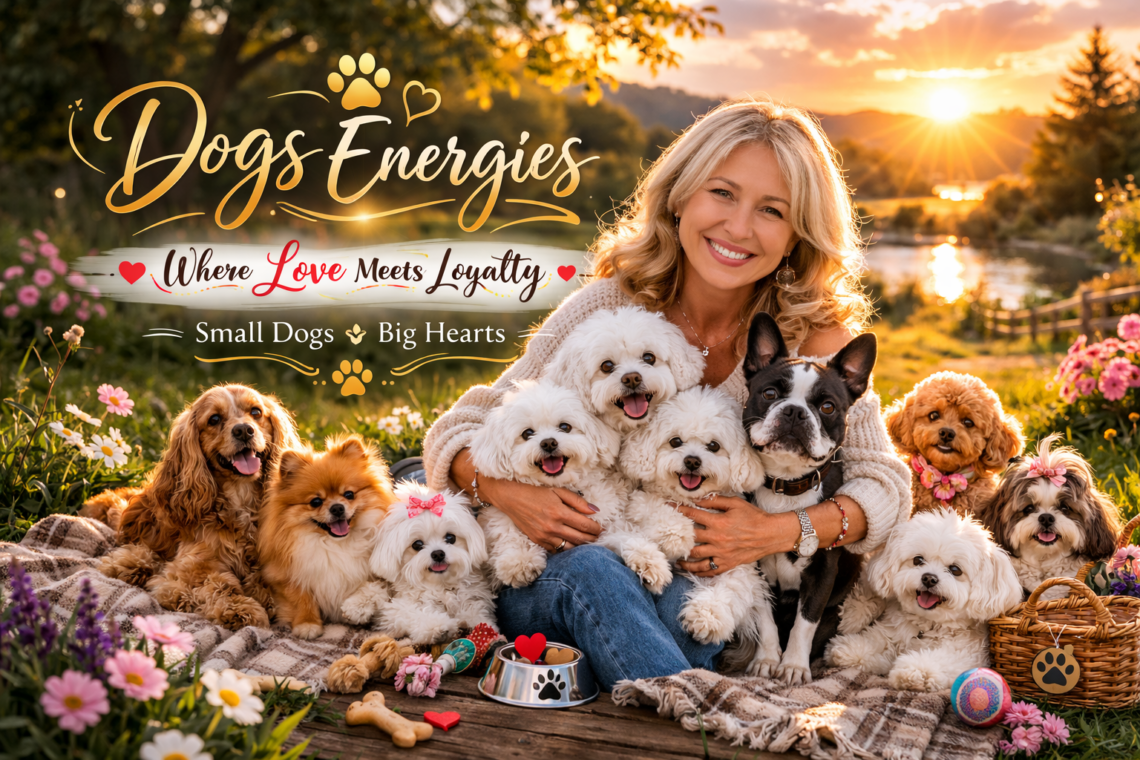 Happy woman surrounded by Boston Terriers, Bolognese and small companion dogs in nature