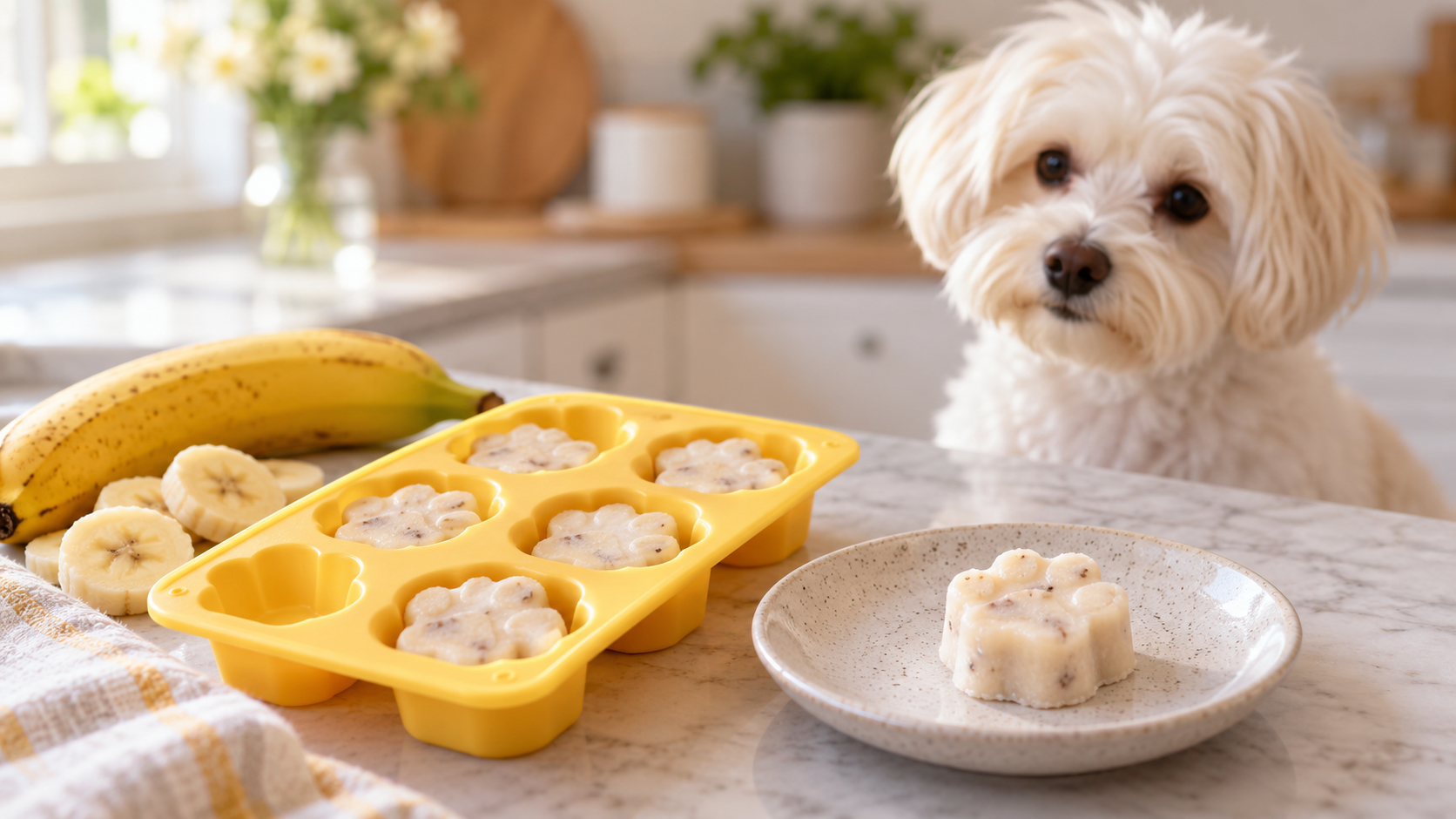 Small frozen banana dog treats in a silicone mold with a white fluffy dog in the background