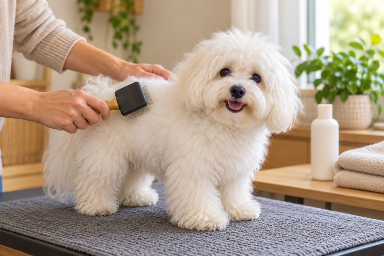 A small white dog calmly being brushed on a grooming table at home