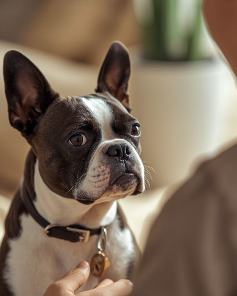 dog looking at owner with trust and calm expression