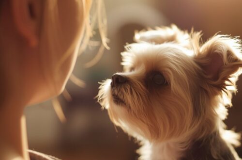 dog staring at owner with focused look trying to communicate