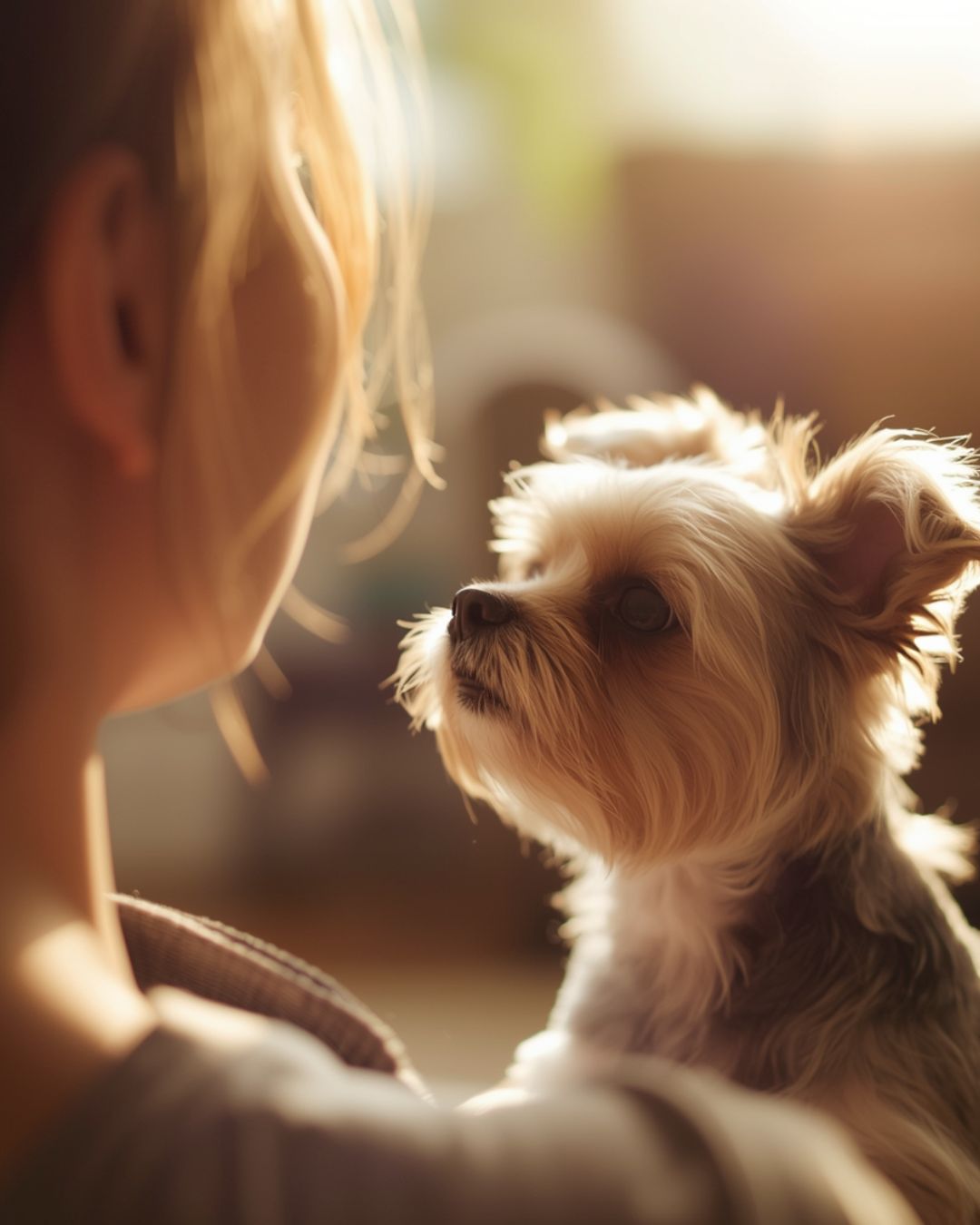 dog staring at owner with focused look trying to communicate