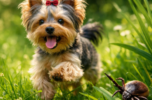 Happy Yorkshire Terrier running through grass while a tick waits nearby