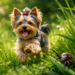 Happy Yorkshire Terrier running through grass while a tick waits nearby