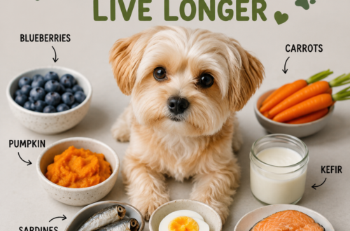 Healthy human foods that may help support a dog's long term health including sardines, pumpkin, eggs, blueberries, carrots, kefir, and salmon.