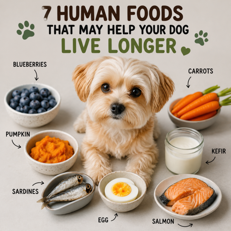 Healthy human foods that may help support a dog's long term health including sardines, pumpkin, eggs, blueberries, carrots, kefir, and salmon.