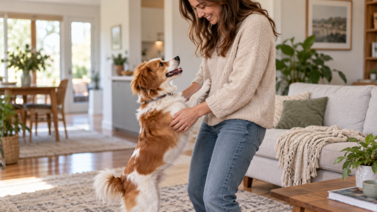 Dog jumping up for attention while the owner gently pets them at home.