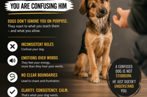 Dog looking confused at owner with text saying your dog is not stubborn but confused due to inconsistent training