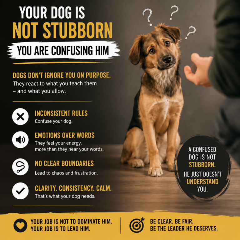 Dog looking confused at owner with text saying your dog is not stubborn but confused due to inconsistent training