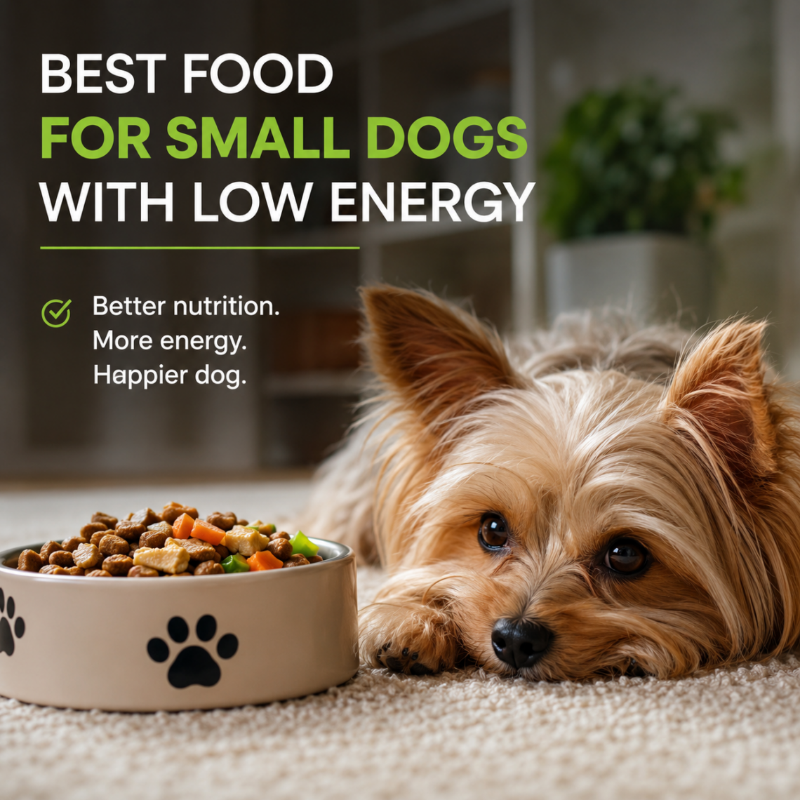 Small low energy dog lying next to a bowl of healthy dog food
