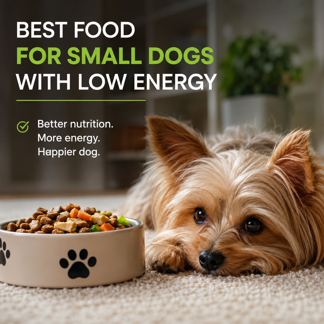 Small low energy dog lying next to a bowl of healthy dog food