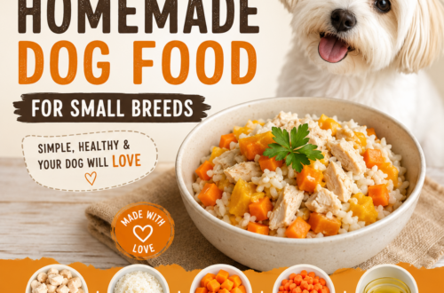 Small white dog next to a homemade chicken, pumpkin, rice, and carrot meal for small breeds