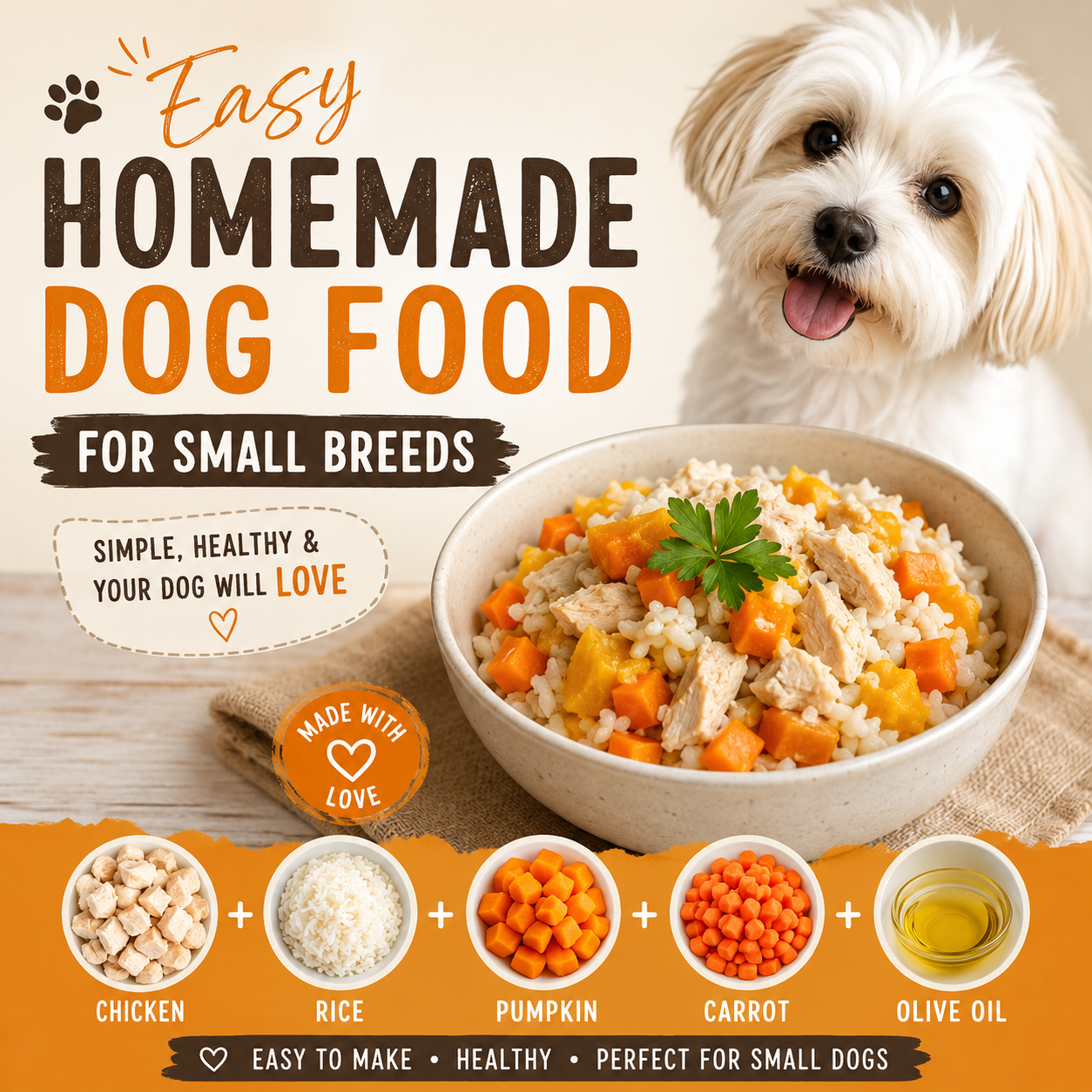 Small white dog next to a homemade chicken, pumpkin, rice, and carrot meal for small breeds