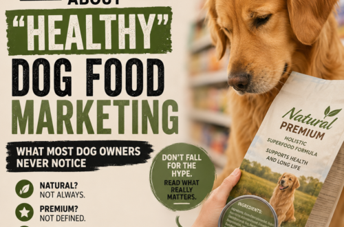 Dog owner comparing healthy dog food bags while reading ingredient labels