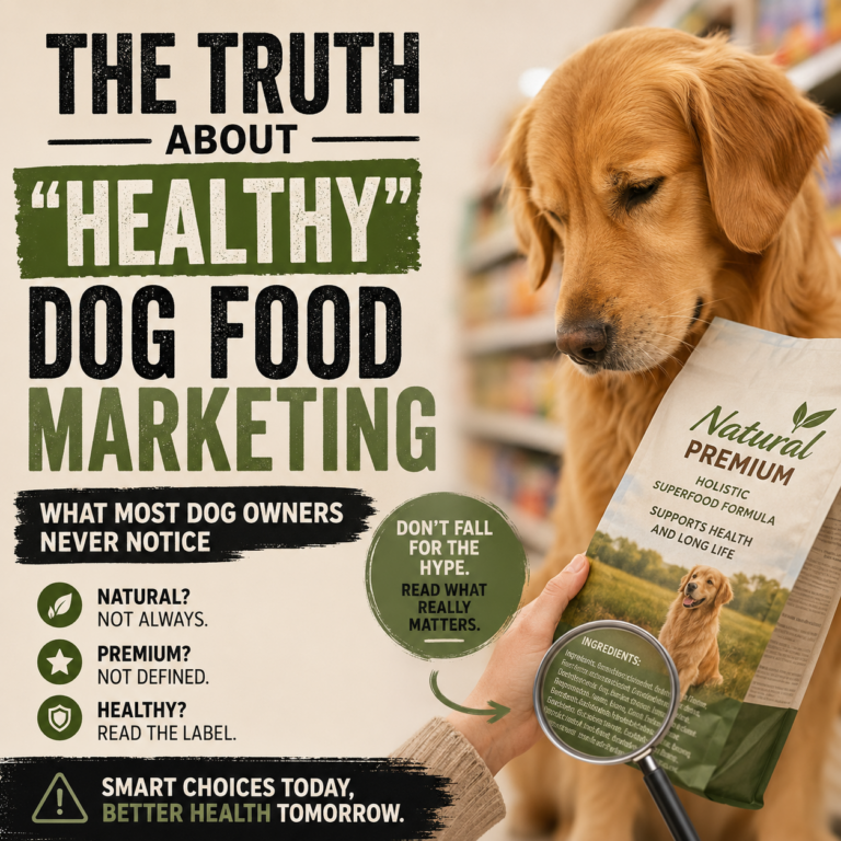 Dog owner comparing healthy dog food bags while reading ingredient labels