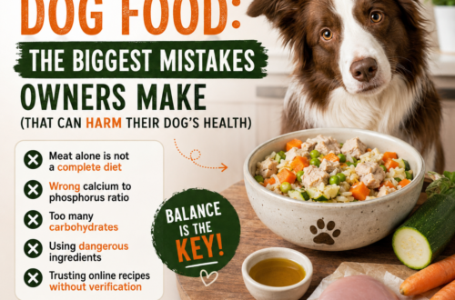 Border Collie sitting next to a bowl of homemade dog food made with chicken, rice, carrots, peas, and zucchini. Educational graphic about common homemade dog food mistakes and balanced canine nutrition.