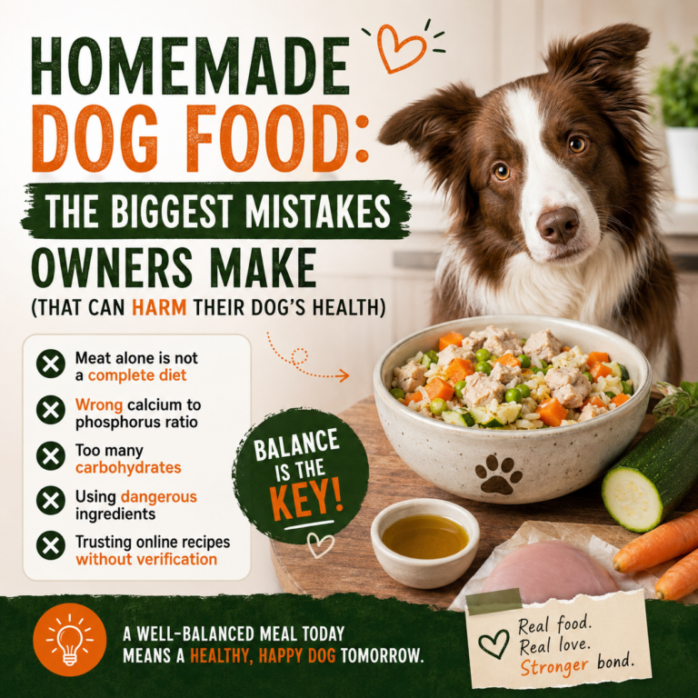 Border Collie sitting next to a bowl of homemade dog food made with chicken, rice, carrots, peas, and zucchini. Educational graphic about common homemade dog food mistakes and balanced canine nutrition.