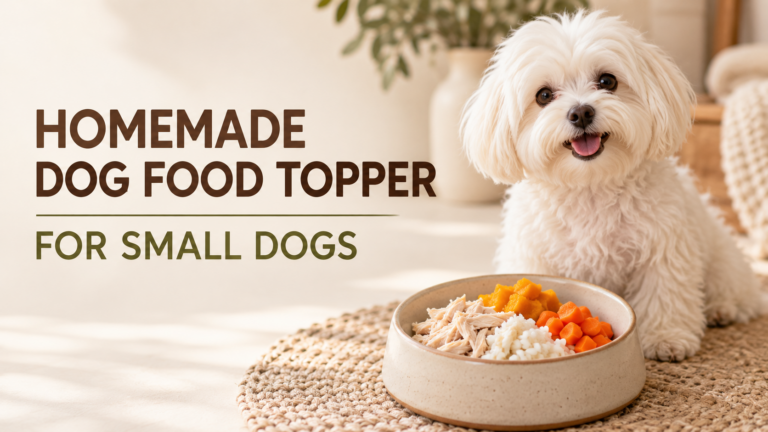 Small white dog beside a bowl of chicken, rice, pumpkin, and carrots.