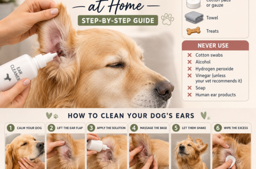 Golden Retriever having its ears cleaned safely at home using a dog ear cleaning solution in a step-by-step guide.