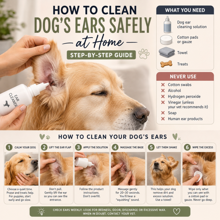 Golden Retriever having its ears cleaned safely at home using a dog ear cleaning solution in a step-by-step guide.
