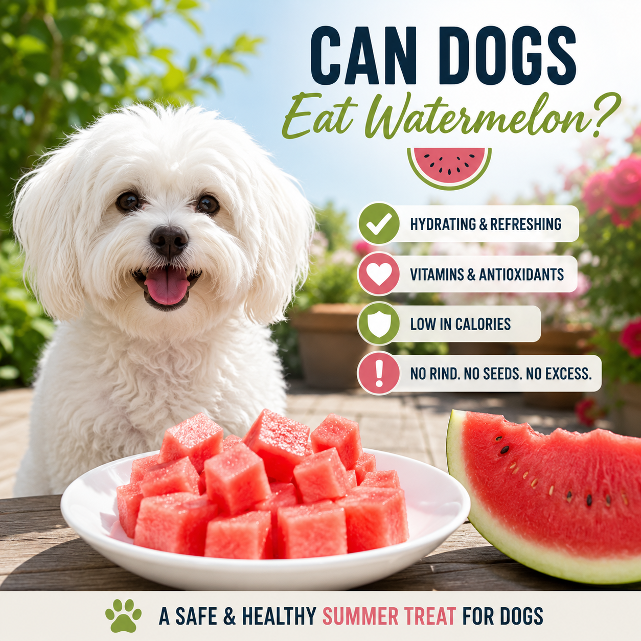 Happy Bolognese eating fresh watermelon cubes on a hot summer day