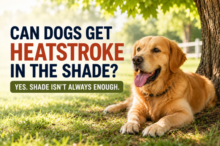 Golden retriever resting under a tree in the shade; text asks whether dogs can get heatstroke in the shade.