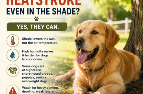 Golden Retriever resting in the shade on a hot summer day showing signs of overheating