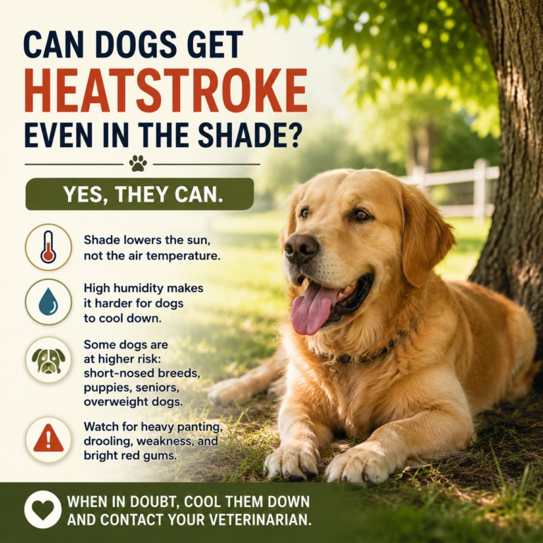 Golden Retriever resting in the shade on a hot summer day showing signs of overheating