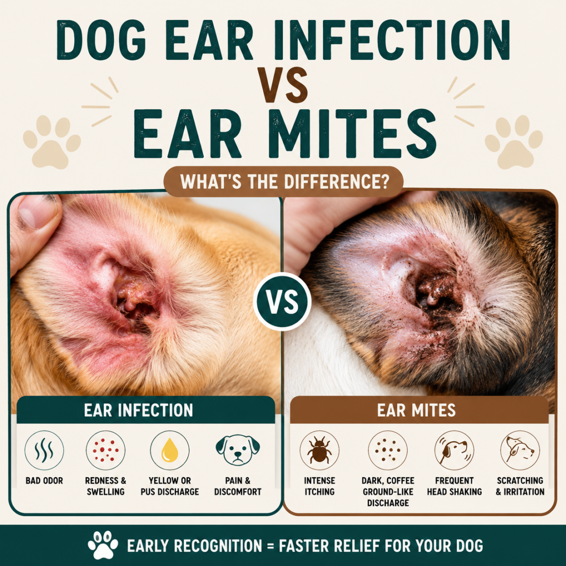 Comparison between a dog ear infection and ear mites showing the key visual differences, symptoms, and warning signs in a dog's ears.