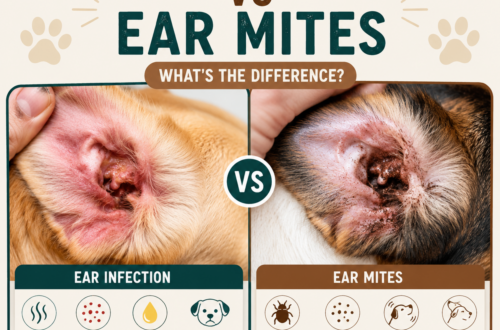 Comparison between a dog ear infection and ear mites showing the key visual differences, symptoms, and warning signs in a dog's ears.
