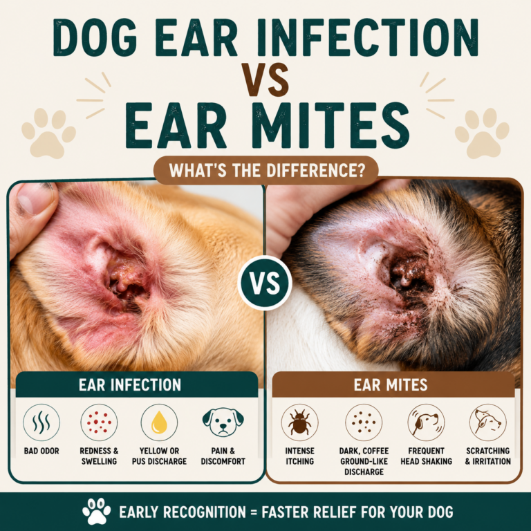 Comparison between a dog ear infection and ear mites showing the key visual differences, symptoms, and warning signs in a dog's ears.