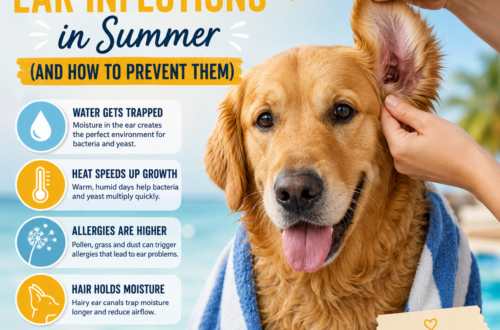 Dog with floppy ears being gently checked by its owner for signs of a summer ear infection after swimming.