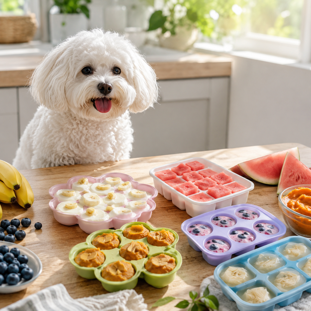 Homemade frozen dog treats made with banana, yogurt, watermelon, blueberries, pumpkin, and chicken for hot summer days.