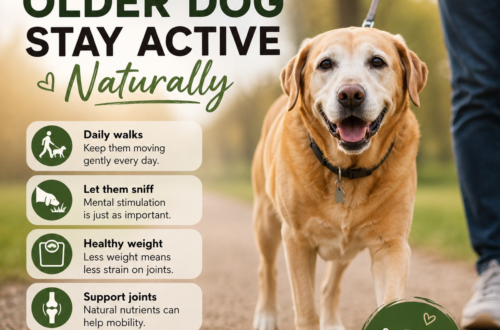 Senior dog walking happily with its owner in a park while staying active naturally.