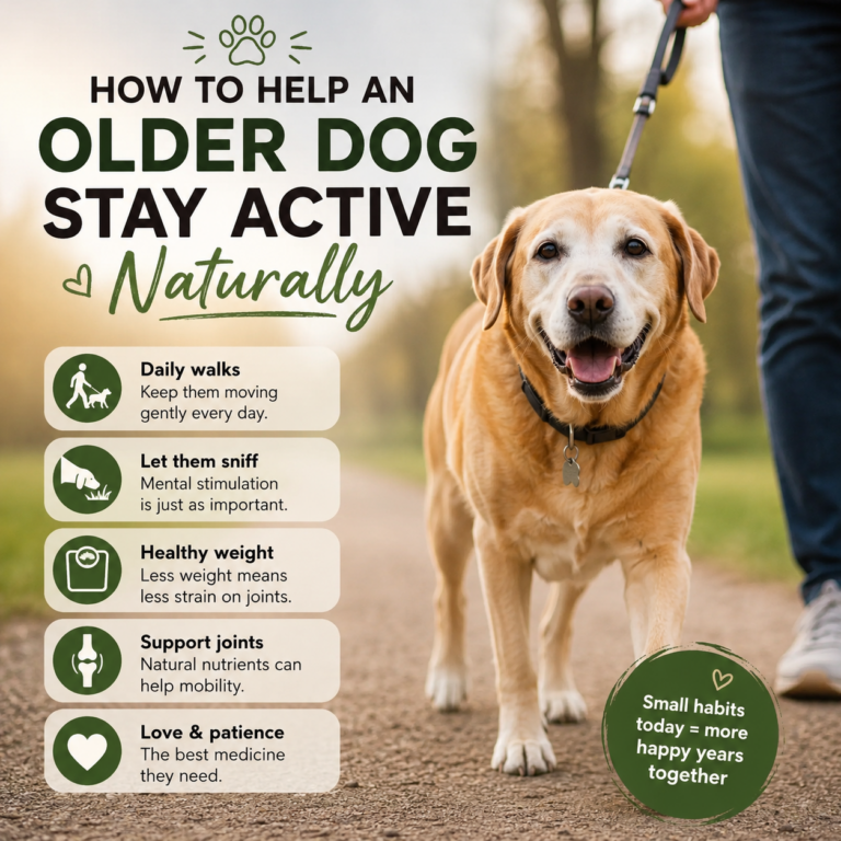 Senior dog walking happily with its owner in a park while staying active naturally.