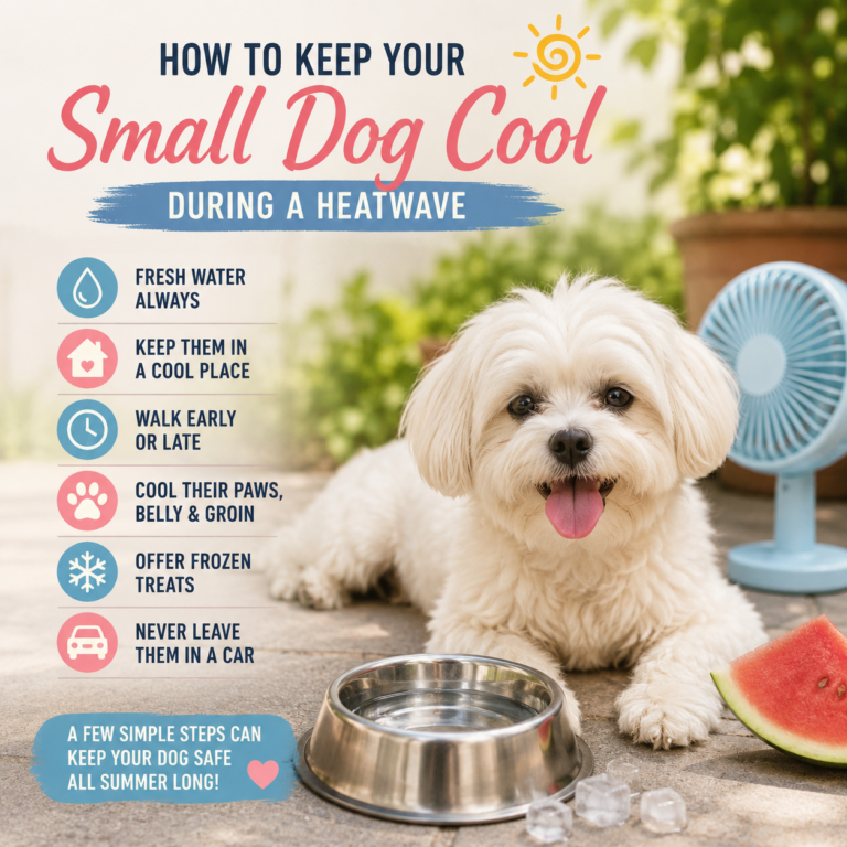 Small Bolognese dog resting in the shade with fresh water during a summer heatwave