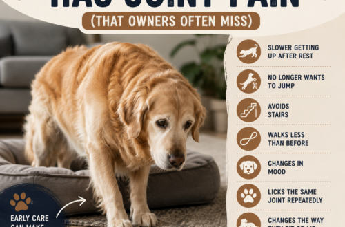 Golden Retriever slowly standing up from a dog bed, showing early signs of joint pain.