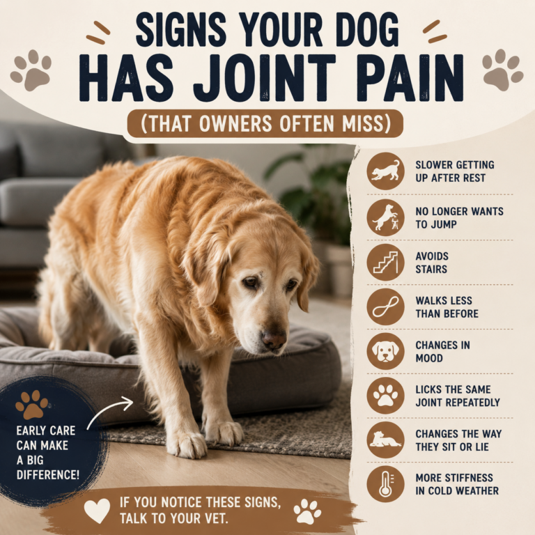 Golden Retriever slowly standing up from a dog bed, showing early signs of joint pain.