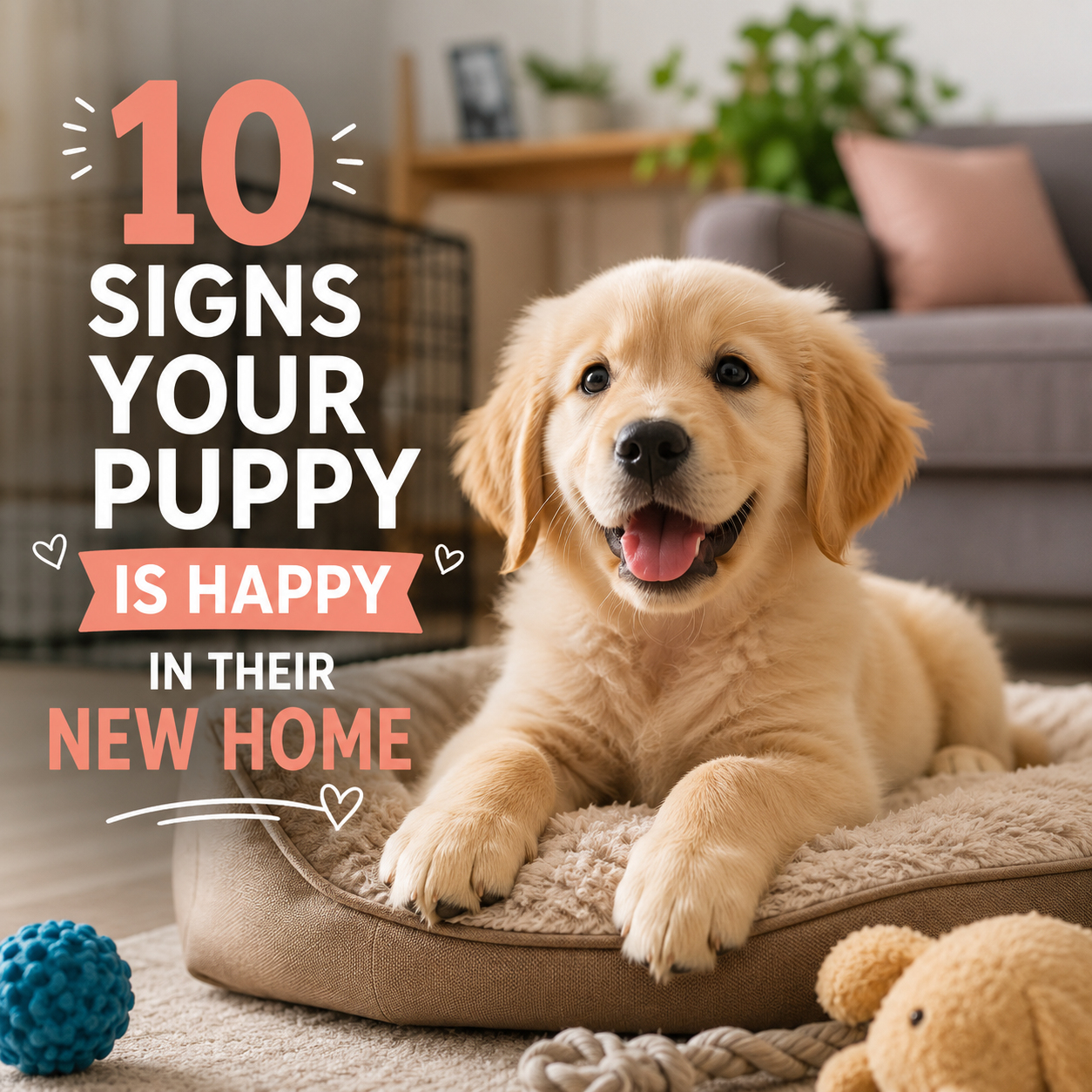 Happy puppy relaxing comfortably in its new home with owner nearby