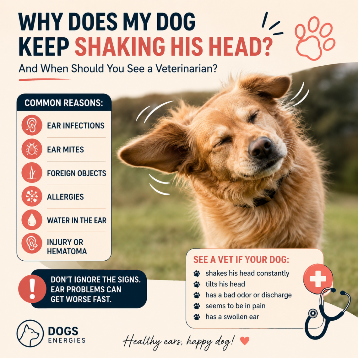 Golden Retriever shaking its head outdoors illustrating common causes such as ear infections, ear mites, allergies, water in the ear, and foreign objects.