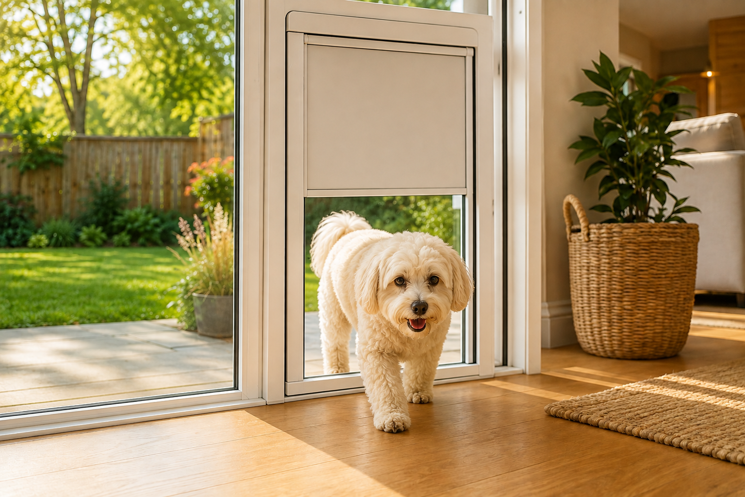Small dog safely walking through an automatic dog door into a modern home