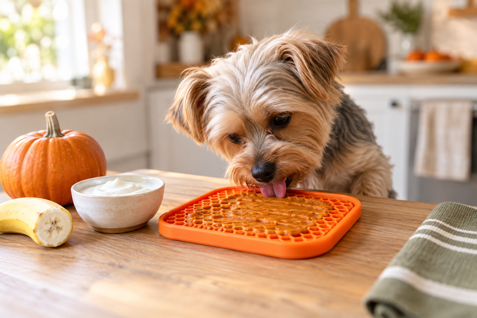 Small dog enjoying an easy pumpkin lick mat recipe