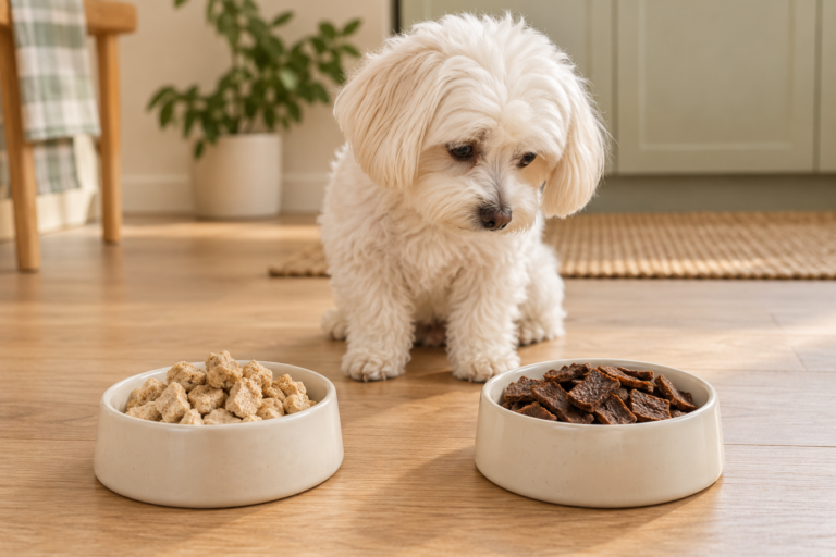 Freeze-dried and air-dried dog food in bowls for a picky small dog