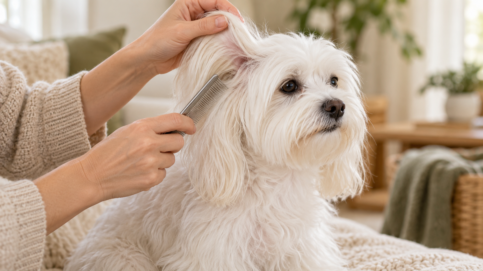 Small long-haired dog having the hair behind its ear gently brushed to prevent mats